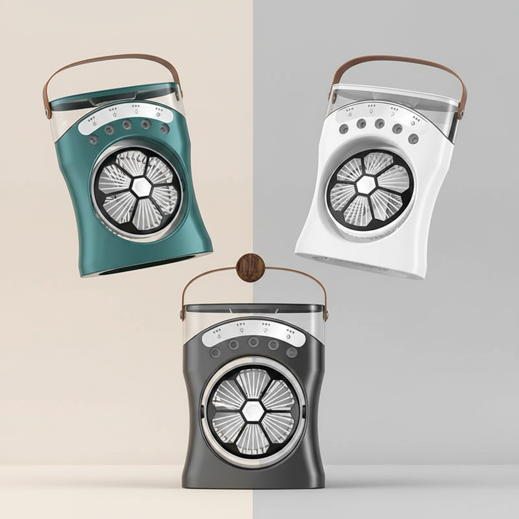 Portable misting fan on neutral split background